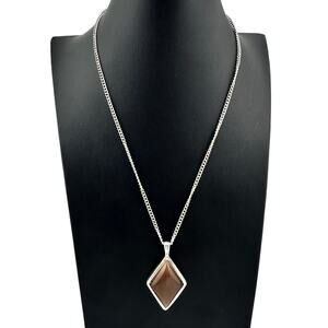 Brown Cat's Eye Fiberoptic Glass Diamond Shape Silver Tone Pendant 18" Necklace